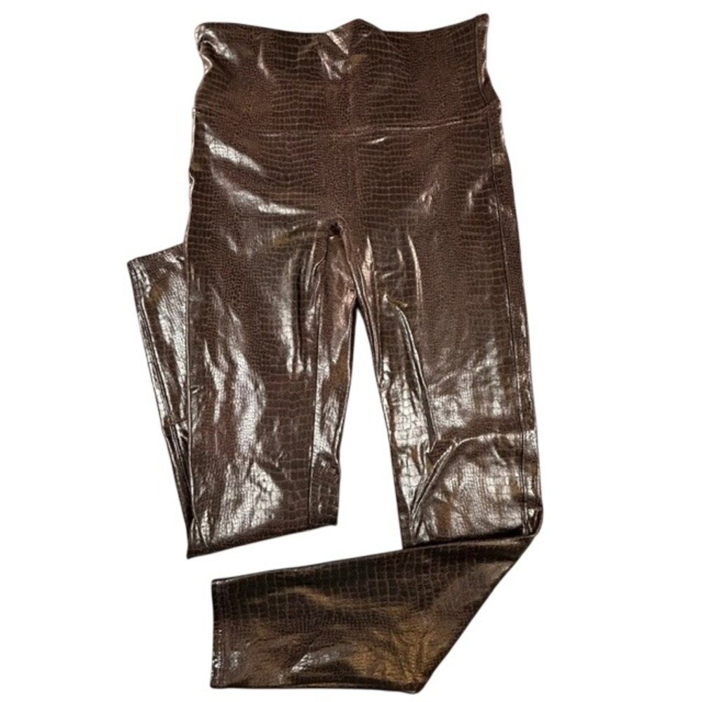 Spanx Faux Leather Croc Shine Pull On Leggings Embossed Texture XL Brown